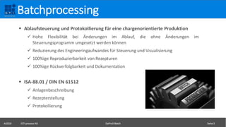  Ablaufsteuerung und Protokollierung für eine chargenorientierte Produktion
 Hohe Flexibilität bei Änderungen im Ablauf, die ohne Änderungen im
Steuerungsprogramm umgesetzt werden können
 Reduzierung des Engineeringaufwandes für Steuerung und Visualisierung
 100%ige Reproduzierbarkeit von Rezepturen
 100%ige Rückverfolgbarkeit und Dokumentation
 ISA-88.01 / DIN EN 61512
 Anlagenbeschreibung
 Rezepterstellung
 Protokollierung
©2016 GTI-process AG DaProS-Batch Seite 5
Batchprocessing
 