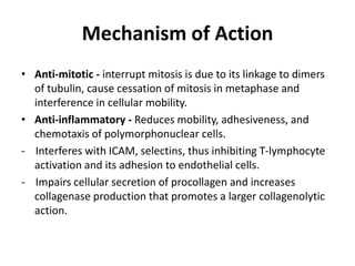Mechanism of Action
• Anti-mitotic - interrupt mitosis is due to its linkage to dimers
of tubulin, cause cessation of mitosis in metaphase and
interference in cellular mobility.
• Anti-inflammatory - Reduces mobility, adhesiveness, and
chemotaxis of polymorphonuclear cells.
- Interferes with ICAM, selectins, thus inhibiting T-lymphocyte
activation and its adhesion to endothelial cells.
- Impairs cellular secretion of procollagen and increases
collagenase production that promotes a larger collagenolytic
action.

 