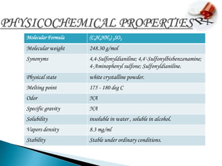 Molecular Formula   (C6H4NH2) 2SO2
Molecular weight    248.30 g/mol
Synonyms            4,4-Sulfonyldianiline; 4,4'-Sulfonylbisbenzenamine;
                    4-Aminophenyl sulfone; Sulfonyldianiline.
Physical state      white crystalline powder.
Melting point       175 - 180 deg C
Odor                NA
Specific gravity    NA
Solubility          insoluble in water , soluble in alcohol.
Vapors density      8.3 mg/ml
Stability           Stable under ordinary conditions.
 