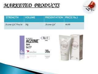 MARKETED PRODUCTS

STRENGTH           VOLUME   PRESENTATION PRICE( Rs.)

Aczone Gel 5%w/w   30g      Aczone Gel    46.00
 