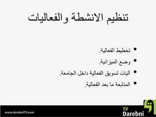 ‫ﻭﺍﻟﻔﻌﺎﻟﻳﺎﺕ‬ ‫ﺍﻻﻧﺷﻁﺔ‬ ‫ﺗﻧﻅﻳﻡ‬
•‫ﺍﻟﻔﻌﺎﻟﻳﺔ‬ ‫ﺗﺧﻁﻳﻁ‬.
•‫ﺍﻟﻣﻳﺯﺍﻧﻳﺔ‬ ‫ﻭﺿﻊ‬.
•‫ﺍﻟﺟﺎﻣﻌﺔ‬ ‫ﺩﺍﺧﻝ‬ ‫ﺍﻟﻔﻌﺎﻟﻳﺔ‬ ‫ﺗﺳﻭﻳﻕ‬ ‫ﺁﻟﻳﺎﺕ‬.
•‫ﺍﻟﻔﻌﺎﻟﻳﺔ‬ ‫ﺑﻌﺩ‬ ‫ﻣﺎ‬ ‫ﺍﻟﻣﺗﺎﺑﻌﺔ‬.
 