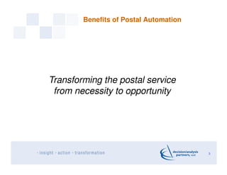 Benefits of Postal Automation
3
Transforming the postal service
from necessity to opportunity
 