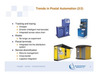 Trends in Postal Automation (2/2)
Tracking and tracing
Cheaper
Smarter (Intelligent mail barcode)
Integrated across value chain
Kiosks
No longer an experiment
Parcel terminals
Integrated into the distribution
system
Service diversification
Returns management
Cross-border
Logistics integration
9
 