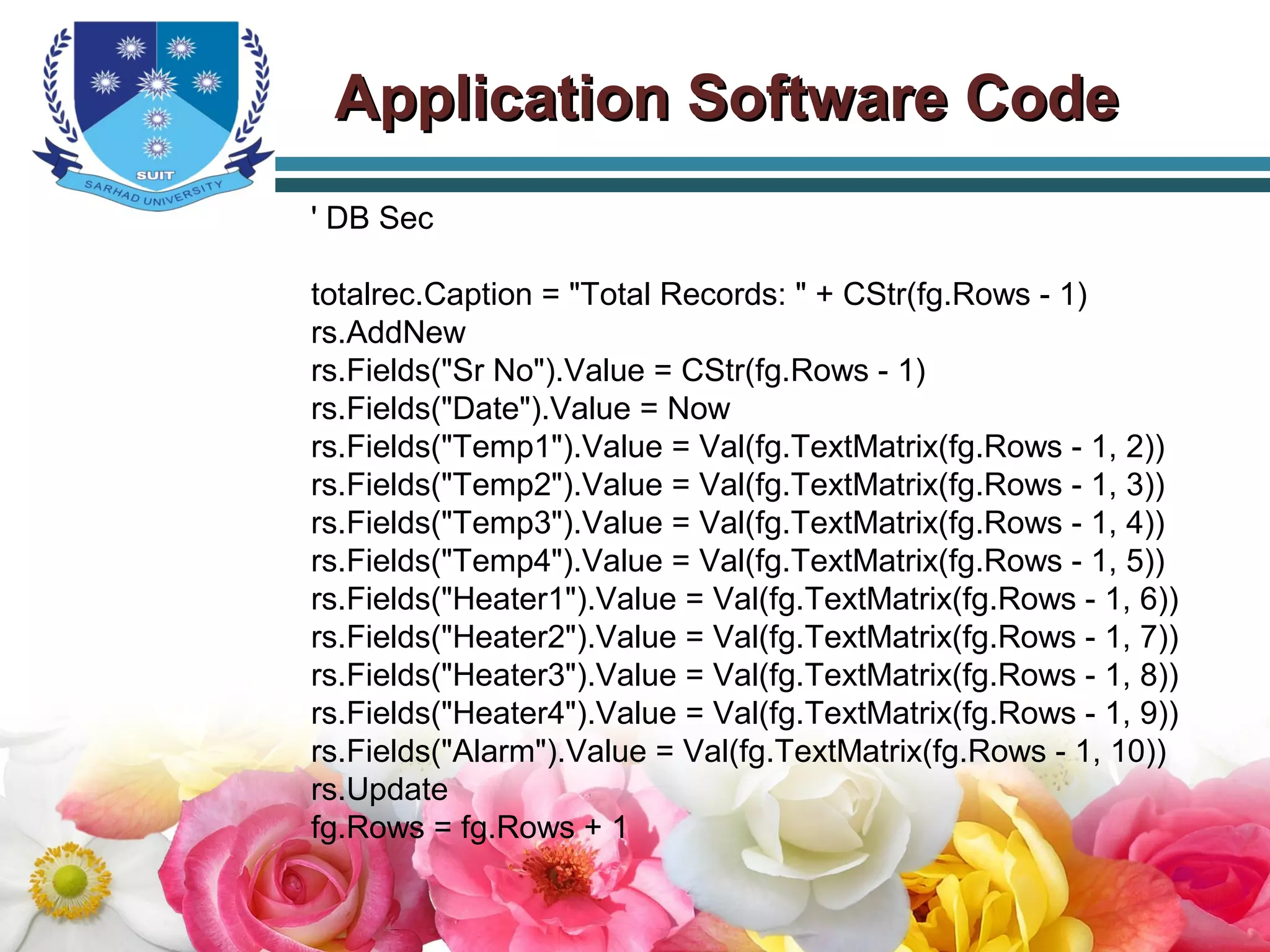 ' DB Sec
totalrec.Caption = "Total Records: " + CStr(fg.Rows - 1)
rs.AddNew
rs.Fields("Sr No").Value = CStr(fg.Rows - 1)
rs.Fields("Date").Value = Now
rs.Fields("Temp1").Value = Val(fg.TextMatrix(fg.Rows - 1, 2))
rs.Fields("Temp2").Value = Val(fg.TextMatrix(fg.Rows - 1, 3))
rs.Fields("Temp3").Value = Val(fg.TextMatrix(fg.Rows - 1, 4))
rs.Fields("Temp4").Value = Val(fg.TextMatrix(fg.Rows - 1, 5))
rs.Fields("Heater1").Value = Val(fg.TextMatrix(fg.Rows - 1, 6))
rs.Fields("Heater2").Value = Val(fg.TextMatrix(fg.Rows - 1, 7))
rs.Fields("Heater3").Value = Val(fg.TextMatrix(fg.Rows - 1, 8))
rs.Fields("Heater4").Value = Val(fg.TextMatrix(fg.Rows - 1, 9))
rs.Fields("Alarm").Value = Val(fg.TextMatrix(fg.Rows - 1, 10))
rs.Update
fg.Rows = fg.Rows + 1
Application Software CodeApplication Software Code
 