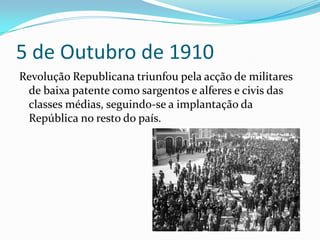 RegicídioO rei D. Carlos e o príncipe herdeiro, D. Luís Filipe, foram assassinados em Lisboa.