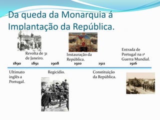 Da queda da Monarquia á Implantação da República.Entrada de Portugal na 1ª Guerra Mundial.Revolta de 31 de Janeiro. Instauração da República.    1890           1891             1908                1910                  1911                          1916          Ultimato inglês a Portugal.Regicídio.Constituição da República.