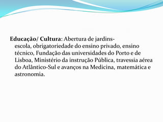Resumo…        Origens da Primeira Republica em Portugal     Ultimato inglês                                   Difusão das ideias          					                   republicanas e socialistas Revolta republicana de 31            Crise económica e financeira de Janeiro de 1891Instabilidade política e descontentamento social                                           Regicídio (1908)           Implantação da República (5 de Outubro de 1910)