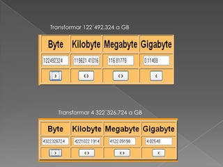 Transformar 122´492.324 a GB




  Transformar 4 322´326.724 a GB
 