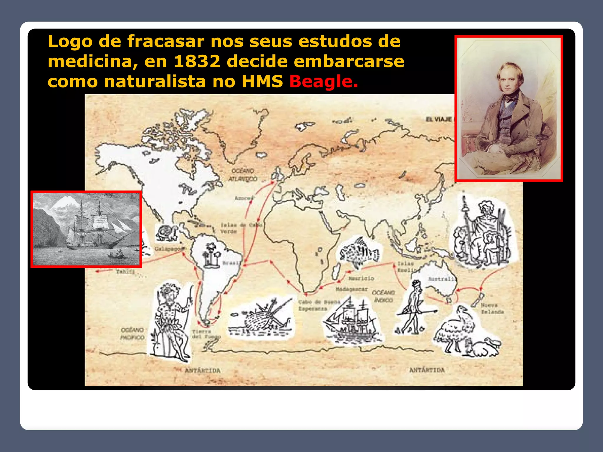Logo de fracasar nos seus estudos de
medicina, en 1832 decide embarcarse
como naturalista no HMS Beagle.
 