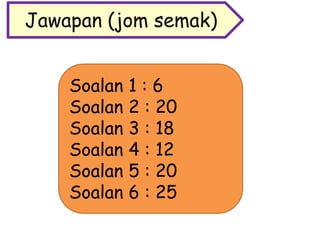 Soalan 1 : 6
Soalan 2 : 20
Soalan 3 : 18
Soalan 4 : 12
Soalan 5 : 20
Soalan 6 : 25
Jawapan (jom semak)
 