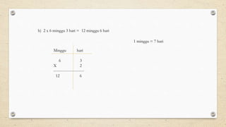 b) 2 x 6 minggu 3 hari = 12 minggu 6 hari
Minggu hari
6 3
X 2
-----------------------
12 6
1 minggu = 7 hari
 