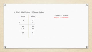 h) 11 x 8 dekad 9 tahun = 97 dekad 9 tahun
dekad tahun
8 9
X 11
-----------------------------
88 99
+ 9 - 90
-----------------------------
97 9
1 dekad = 10 tahun
9 dekad = 90 tahun
 