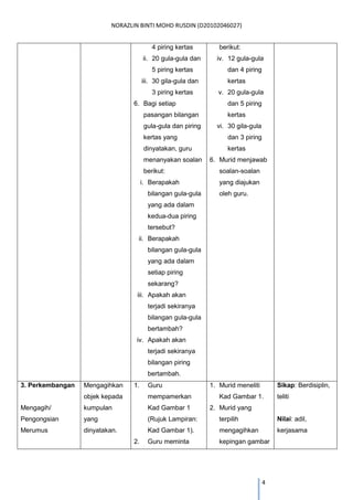 NORAZLIN BINTI MOHD RUSDIN (D20102046027) 
4 
4 piring kertas 
ii. 20 gula-gula dan 5 piring kertas 
iii. 30 gila-gula dan 3 piring kertas 
6. Bagi setiap pasangan bilangan gula-gula dan piring kertas yang dinyatakan, guru menanyakan soalan berikut: 
i. Berapakah bilangan gula-gula yang ada dalam kedua-dua piring tersebut? 
ii. Berapakah bilangan gula-gula yang ada dalam setiap piring sekarang? 
iii. Apakah akan terjadi sekiranya bilangan gula-gula bertambah? 
iv. Apakah akan terjadi sekiranya bilangan piring bertambah. 
berikut: 
iv. 12 gula-gula dan 4 piring kertas 
v. 20 gula-gula dan 5 piring kertas 
vi. 30 gila-gula dan 3 piring kertas 
6. Murid menjawab soalan-soalan yang diajukan oleh guru. 
3. Perkembangan 
Mengagih/ Pengongsian 
Merumus 
Mengagihkan objek kepada kumpulan yang dinyatakan. 
1. Guru mempamerkan Kad Gambar 1 (Rujuk Lampiran: Kad Gambar 1). 
2. Guru meminta 
1. Murid meneliti Kad Gambar 1. 
2. Murid yang terpilih mengagihkan kepingan gambar 
Sikap: Berdisiplin, teliti 
Nilai: adil, kerjasama 
 