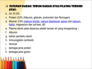 SUSUNAN DARAH . serum darah atau plasma terdiri atas: Air: 91,0% Protein: 8,0% (Albumin, globulin, protrombin dan fibrinogen) Mineral: 0.9% ( natrium klorida ,  natrium   bikarbonat ,  garam  dari  kalsium ,  fosfor , magnesium dan zat besi, dll) Plasma darah pada dasarnya adalah larutan air yang mengandung :- Albumin bahan pembeku darah Immunoglobin (antibodi) Hormon berbagai jenis protein berbagai jenis garam 