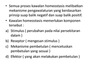 • Semua proses kawalan homeostasis melibatkan
  mekanisme pengawalaturan yang berdasarkan
  prinsip suap balik negatif dan suap balik positif.
• Kawalan homeostasis memerlukan komponen
  tersebut :
a) Stimulus ( perubahan pada nilai persekitaran
   dalam )
b) Reseptor ( mengesan stimulus )
c) Mekanisme pembetulan ( mencetuskan
   pembetulan yang sesuai )
d) Efektor ( yang akan melakukan pembetulan )
 