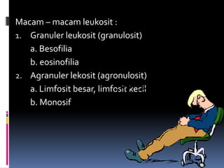 Macam – macam leukosit :
1. Granuler leukosit (granulosit)
a. Besofilia
b. eosinofilia
2. Agranuler lekosit (agronulosit)
a. Limfosit besar, limfosit kecil
b. Monosif
 