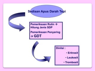 Sediaan Apus Darah Tepi
Pemeriksaan Rutin 
Hitung Jenis SDP
Pemeriksaan Penyaring
 GDT
Dinilai :
• Eritrosit
• Leukosit
• Trombosit
 
