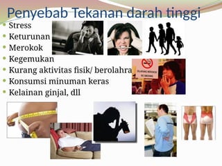 Penyebab Tekanan darah tinggi
 Stress
 Keturunan
 Merokok
 Kegemukan
 Kurang aktivitas fisik/ berolahraga
 Konsumsi minuman keras
 Kelainan ginjal, dll
 
