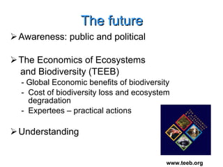 The future Awareness: public and political The Economics of Ecosystems  and Biodiversity (TEEB) - Global Economic benefits of biodiversity Cost of biodiversity loss and ecosystem degradation Expertees – practical actions Understanding www.teeb.org 
