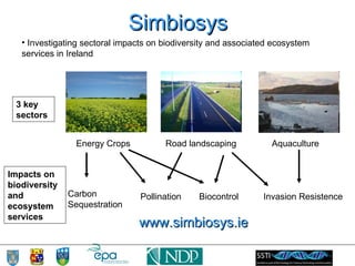 Simbiosys Investigating sectoral impacts on biodiversity and associated ecosystem services in Ireland 3 key sectors Impacts on biodiversity and ecosystem services www.simbiosys.ie Aquaculture Road landscaping Energy Crops Invasion Resistence Carbon Sequestration Pollination Biocontrol 