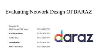 Evaluating Network Design Of DARAZ
A K M Sawkat Ullah Sameo ID No: 2123033001
MD. Sahriar Sabbir ID No: 2123033029
Iftakher Alam ID No: 2123033037
Jubaer Hossain ID No: 2123033047
Anika Tahsin Haque ID No: 2123033095
Presented By:
 