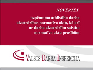 ĒĒ
        uzņēmuma atbilstību darba
aizsardzības normatīvo aktu, kā arī
       ar darba aizsardzību saistīto
          normatīvo aktu prasībām
 
