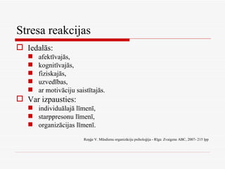 Stresa reakcijas  Iedalās: afektīvajās, kognitīvajās, fiziskajās, uzvedības, ar motivāciju saistītajās. Var izpausties: individuālajā līmenī, starppresonu līmenī, organizācijas līmenī. Reņģe V. Mūsdienu organizāciju psiholoģija - Rīga: Zvaigzne ABC, 2007- 215 lpp 