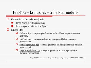 Prasību – kontroles – atbalsta modelis Galvenie darba raksturojumi: darba psiholoģiskās prasības lēmuma pieņemšanas iespējas Darba tipi: aktīvais tips  – augstas prasības un plašas lēmumu pieņemšanas iespējas, pasīvais tips  – zemas prasības un maza patstāvība lēmumu pieņemšanā, zemas spriedzes tips  – zemas prasības un liela patstāvība lēmumu pieņemšanā, augstas spriedzes tips  – augstas prasības un maza patstāvība lēmumu pieņemšanā. Reņģe V. Mūsdienu organizāciju psiholoģija - Rīga: Zvaigzne ABC, 2007- 215 lpp 