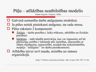 Pūļu – atlīdzības neatbilstības modelis Johans Zigrists ( Siegrist, 1996) Galvenā uzmanība darba atalgojuma struktūrai. Ja pūles netiek pietiekami atalgotas, tas rada stresu. Pūles raksturo 2 komponenti: Ārējais  – darba prasības ( laika trūkums, atbildība un fiziskās prasības) Iekšējais  – individuālā motivācija, kas var izpausties arī kā pārliecīga centība ( tiekšanās pēc atzinības, sāncensība ar slēptu naidīgumu, nepacietība, neadekvāta aizkaitināmība, nespēja ‘’atslēgties’’ no darba pienākumiem) Atlīdzība ietver sevī naudu, atzinību un statusu organizācijā. Reņģe V. Mūsdienu organizāciju psiholoģija - Rīga: Zvaigzne ABC, 2007- 215 lpp 