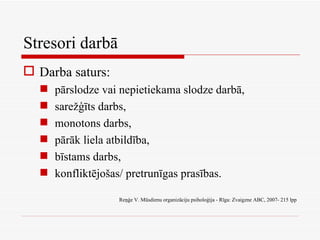 Stresori darbā Darba saturs: pārslodze vai nepietiekama slodze darbā, sarežģīts darbs, monotons darbs, pārāk liela atbildība, bīstams darbs, konfliktējošas/ pretrunīgas prasības. Reņģe V. Mūsdienu organizāciju psiholoģija - Rīga: Zvaigzne ABC, 2007- 215 lpp 