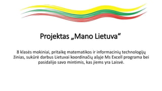 Projektas „Mano Lietuva“
8 klasės mokiniai, pritaikę matematikos ir informacinių technologijų
žinias, sukūrė darbus Lietuvai koordinačių ašyje Ms Excell programa bei
pasidalijo savo mintimis, kas jiems yra Laisvė.
 