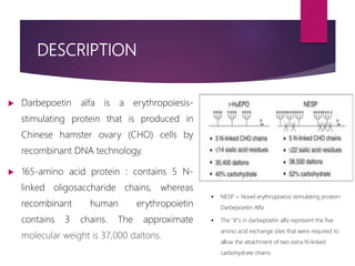DESCRIPTION
 Darbepoetin alfa is a erythropoiesis-
stimulating protein that is produced in
Chinese hamster ovary (CHO) cells by
recombinant DNA technology.
 165-amino acid protein : contains 5 N-
linked oligosaccharide chains, whereas
recombinant human erythropoietin
contains 3 chains. The approximate
molecular weight is 37,000 daltons.
 NESP = Novel erythropoiesis stimulating protein-
Darbepoeitin Alfa
 The "X"s in darbepoetin alfa represent the five
amino acid exchange sites that were required to
allow the attachment of two extra N-linked
carbohydrate chains.
 