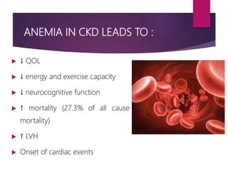ANEMIA IN CKD LEADS TO :
 ↓ QOL
 ↓ energy and exercise capacity
 ↓ neurocognitive function
 ↑ mortality (27.3% of all cause
mortality)
 ↑ LVH
 Onset of cardiac events
 