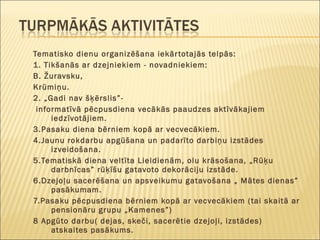 Tematisko dienu organizēšana iekārtotajās telpās: 1. Tikšanās ar dzejniekiem - novadniekiem:  B. Žuravsku, Krūmiņu. 2. „Gadi nav šķērslis”- informatīvā pēcpusdiena vecākās paaudzes aktīvākajiem iedzīvotājiem. 3.Pasaku diena bērniem kopā ar vecvecākiem. 4.Jaunu rokdarbu apgūšana un padarīto darbiņu izstādes izveidošana. 5.Tematiskā diena veltīta Lieldienām, olu krāsošana, „Rūķu darbnīcas” rūķīšu gatavoto dekorāciju izstāde. 6.Dzejoļu sacerēšana un apsveikumu gatavošana „ Mātes dienas” pasākumam.  7.Pasaku pēcpusdiena bērniem kopā ar vecvecākiem (tai skaitā ar pensionāru grupu „Kamenes”) 8 Apgūto darbu( dejas, skeči, sacerētie dzejoļi, izstādes) atskaites pasākums. 