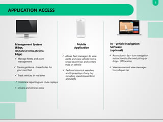 APPLICATION ACCESS
Management System
(Edge,
IE9,Safari,Firefox,Chrome,
Edge)
✓ Manage fleets, and asset
management
✓ Create geofence - based rules for
your own fleet
✓ Track vehicles in real time
✓ Historical reporting and route replays
✓ Drivers and vehicles data
Mobile
Application
✓ Allows fleet managers to view
alerts and view vehicle from a
single search bar and centers
map on vehicle
✓ Perform historical searches
and trip replays of any day
including speed/speed limit
and alerts
In – Vehicle Navigation
Software
(optional)
✓ Access turn – by – turn navigation
instructions to the next pickup or
drop - off location
✓ View receive and view messages
from dispatcher
8
 