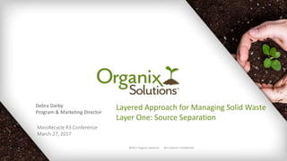 ©2017 Organix Solutions All Contents Confidential
Debra Darby
Program & Marketing Director
MassRecycle R3 Conference
March 27, 2017
Layered Approach for Managing Solid Waste
Layer One: Source Separation
 