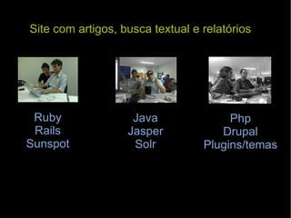Php Drupal Plugins/temas Java Jasper Solr Ruby Rails Sunspot Site com artigos, busca textual e relatórios 