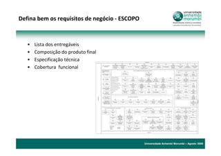Defina bem os requisitos de negócio - ESCOPO



   •   Lista dos entregáveis
   •   Composição do produto final
   •   Especificação técnica
   •   Cobertura funcional




                                               Universidade Anhembi Morumbi – Agosto 2009
 