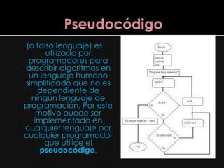 (o falso lenguaje) es
      utilizado por
 programadores para
describir algoritmos en
 un lenguaje humano
simplificado que no es
    dependiente de
  ningún lenguaje de
programación. Por este
    motivo puede ser
   implementado en
cualquier lenguaje por
cualquier programador
      que utilice el
     pseudocódigo.
 
