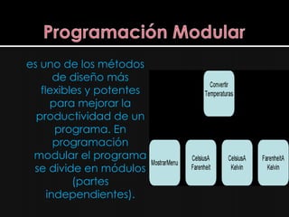 es uno de los métodos
       de diseño más
   flexibles y potentes
      para mejorar la
  productividad de un
       programa. En
       programación
 modular el programa
 se divide en módulos
          (partes
     independientes).
 