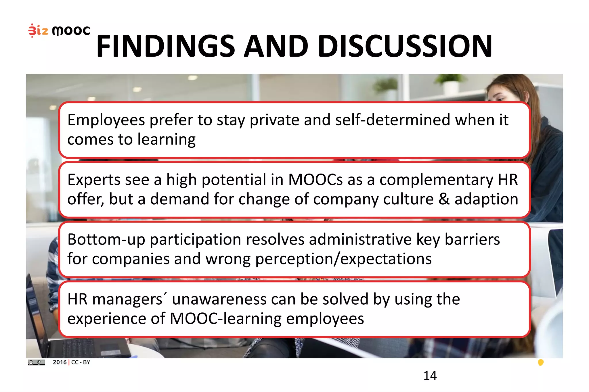FINDINGS AND DISCUSSION
Employees prefer to stay private and self-determined when it
comes to learning
Experts see a high potential in MOOCs as a complementary HR
offer, but a demand for change of company culture & adaption
Bottom-up participation resolves administrative key barriers
for companies and wrong perception/expectations
HR managers´ unawareness can be solved by using the
experience of MOOC-learning employees
14
 