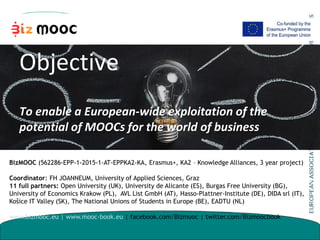 Objective
To enable a European-wide exploitation of the
potential of MOOCs for the world of business
BizMOOC (562286-EPP-1...