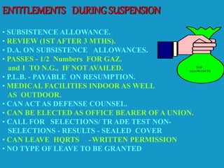 ENTITLEMENTS DURING SUSPENSION
SUB .
ALLOWANCES
• SUBSISTENCE ALLOWANCE.
• REVIEW (1ST AFTER 3 MTHS).
• D.A. ON SUBSISTENCE ALLOWANCES.
• PASSES - 1/2 Numbers FOR GAZ.
and 1 TO N.G., IF NOT AVAILED.
• P.L.B. - PAYABLE ON RESUMPTION.
• MEDICAL FACILITIES INDOOR AS WELL
AS OUTDOOR.
• CAN ACT AS DEFENSE COUNSEL.
• CAN BE ELECTED AS OFFICE BEARER OF A UNION.
• CALL FOR SELECTIONS/ TR ADE TEST NON-
SELECTIONS - RESULTS - SEALED COVER
• CAN LEAVE HQRTS -WRITTEN PERMISSION
• NO TYPE OF LEAVE TO BE GRANTED
 