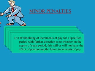 MINOR PENALTIES
(i)Censure(ii) Withholding of promotion for
a specified period
(iii) Recovery from pay of the whole or part of any
pecuniary loss caused to the Government or
Railway administration by negligence or breach
of orders
(iii-a) Withholding of the Privilege Passes or
Privilege Ticket Orders or both;
(iii-b) reduction to a lower stage in the time scale
of pay for a period not exceeding three years,
without cumulative effect and not adversely
affecting his pension
(iv) Withholding of increments of pay for a specified
period with further direction as to whether on the
expiry of such period, this will or will not have the
effect of postponing the future increments of pay
 
