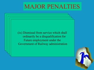 MAJOR PENALTIES
(v) Save as provided for in clause (iii-b),
reduction to a lower stage in the time-scale
of pay for a specified period, with further
directions as to whether on the expiry of
such period, this will have or not have the
effect of postponing the future increments
of pay
(vi) Reduction to a lower time scale of pay,
grade, post, or service, with or without further
directions regarding conditions of restoration to
the grade or post or service from which the
Railway servant was reduced and his
seniority and pay on such restoration
to that grade, post of service;
(vii)Compulsory
retirement;
(viii) REMOVAL from service which shall
not be a disqualification for future
employment under the government
or Railway administration
(ix) Dismissal from service which shall
ordinarily be a disqualification for
Future employment under the
Government of Railway administration
 