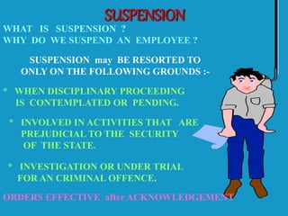 SUSPENSION
WHAT IS SUSPENSION ?
WHY DO WE SUSPEND AN EMPLOYEE ?
SUSPENSION may BE RESORTED TO
ONLY ON THE FOLLOWING GROUNDS :-
* WHEN DISCIPLINARY PROCEEDING
IS CONTEMPLATED OR PENDING.
* INVOLVED IN ACTIVITIES THAT ARE
PREJUDICIAL TO THE SECURITY
OF THE STATE.
* INVESTIGATION OR UNDER TRIAL
FOR AN CRIMINAL OFFENCE.
ORDERS EFFECTIVE after ACKNOWLEDGEMENT
 