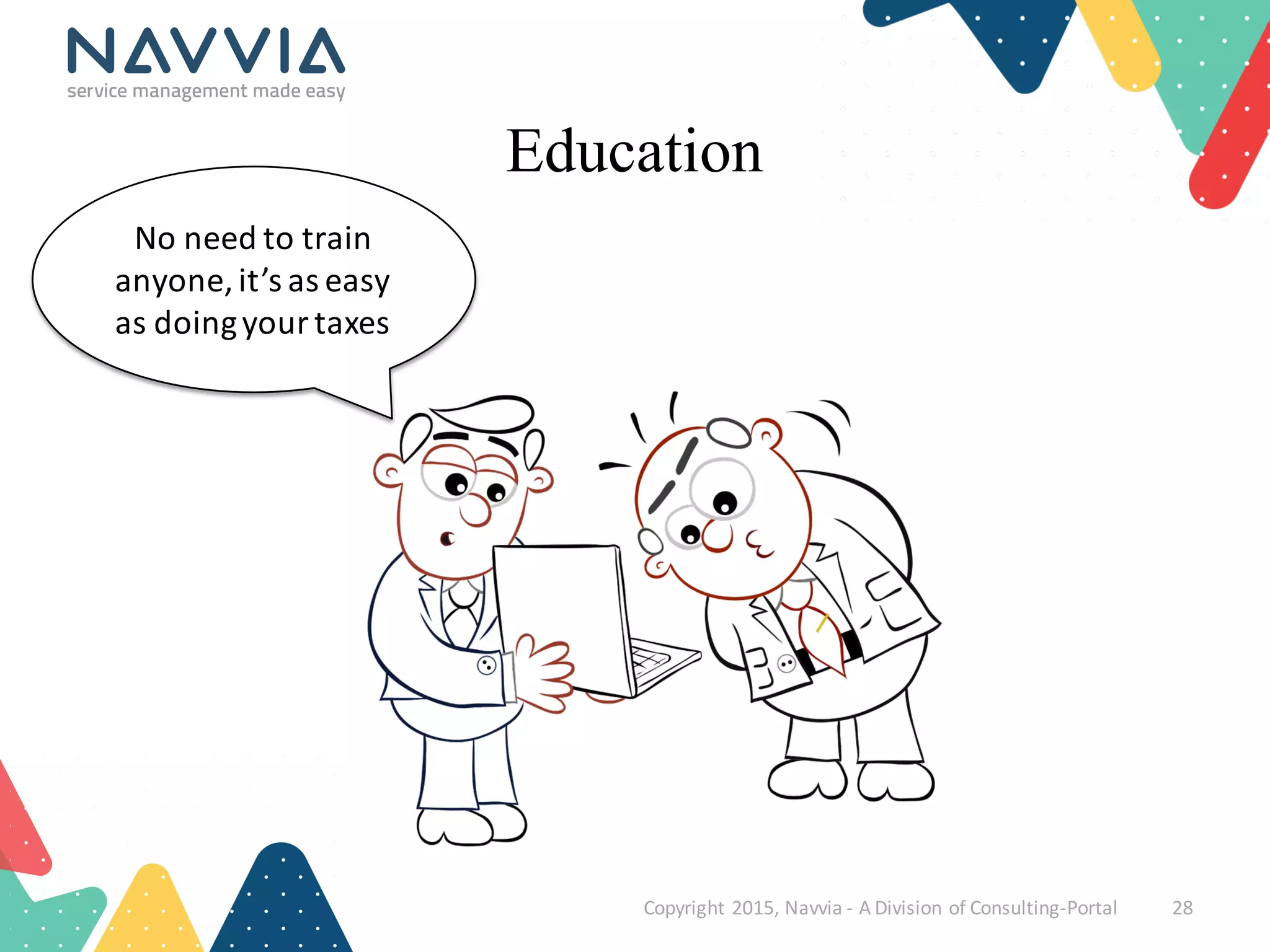 Education
Copyright	
  2015,	
  Navvia	
  -­‐ A	
  Division	
  of	
  Consulting-­‐Portal 28
No	
  need	
  to	
  train	
  
anyone,	
  it’s	
  as	
  easy	
  
as	
  doing	
  your	
  taxes
 