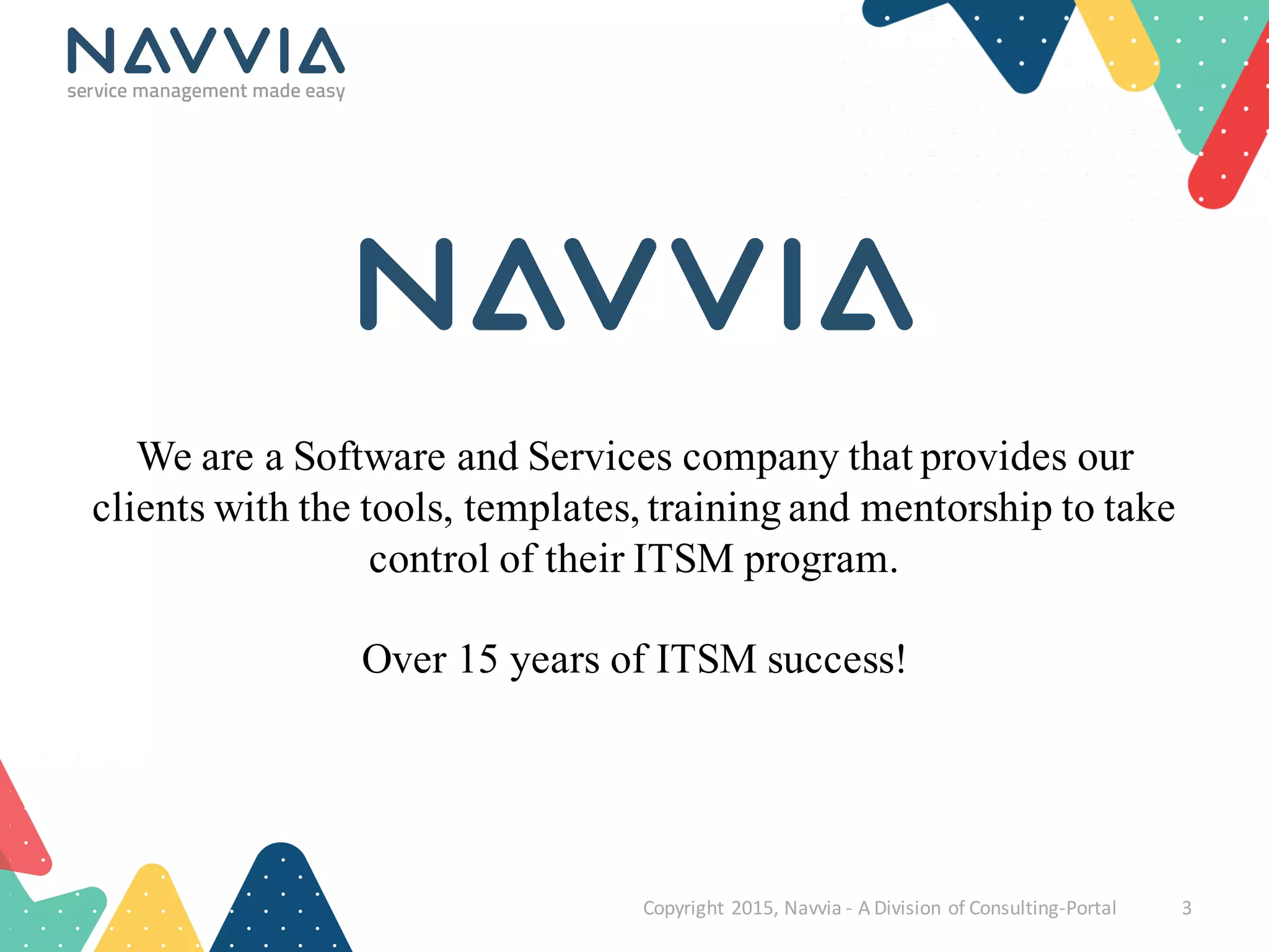 We are a Software and Services company that provides our
clients with the tools, templates, training and mentorship to take
control of their ITSM program.
Over 15 years of ITSM success!
Copyright	
  2015,	
  Navvia	
  -­‐ A	
  Division	
  of	
  Consulting-­‐Portal 3
 