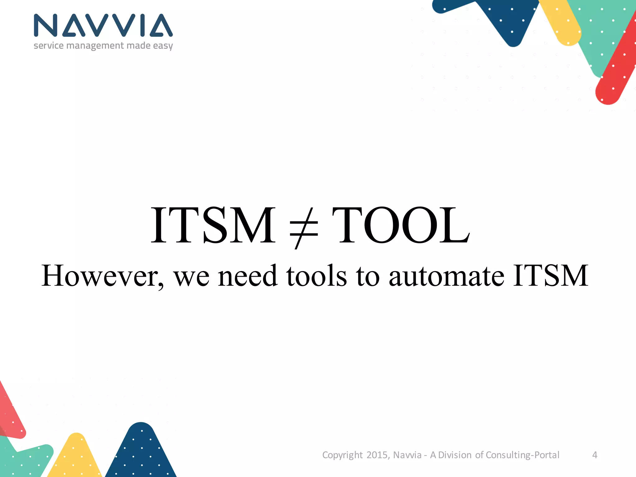 Copyright	
  2015,	
  Navvia	
  -­‐ A	
  Division	
  of	
  Consulting-­‐Portal 4
ITSM ≠ TOOL
However, we need tools to automate ITSM
 