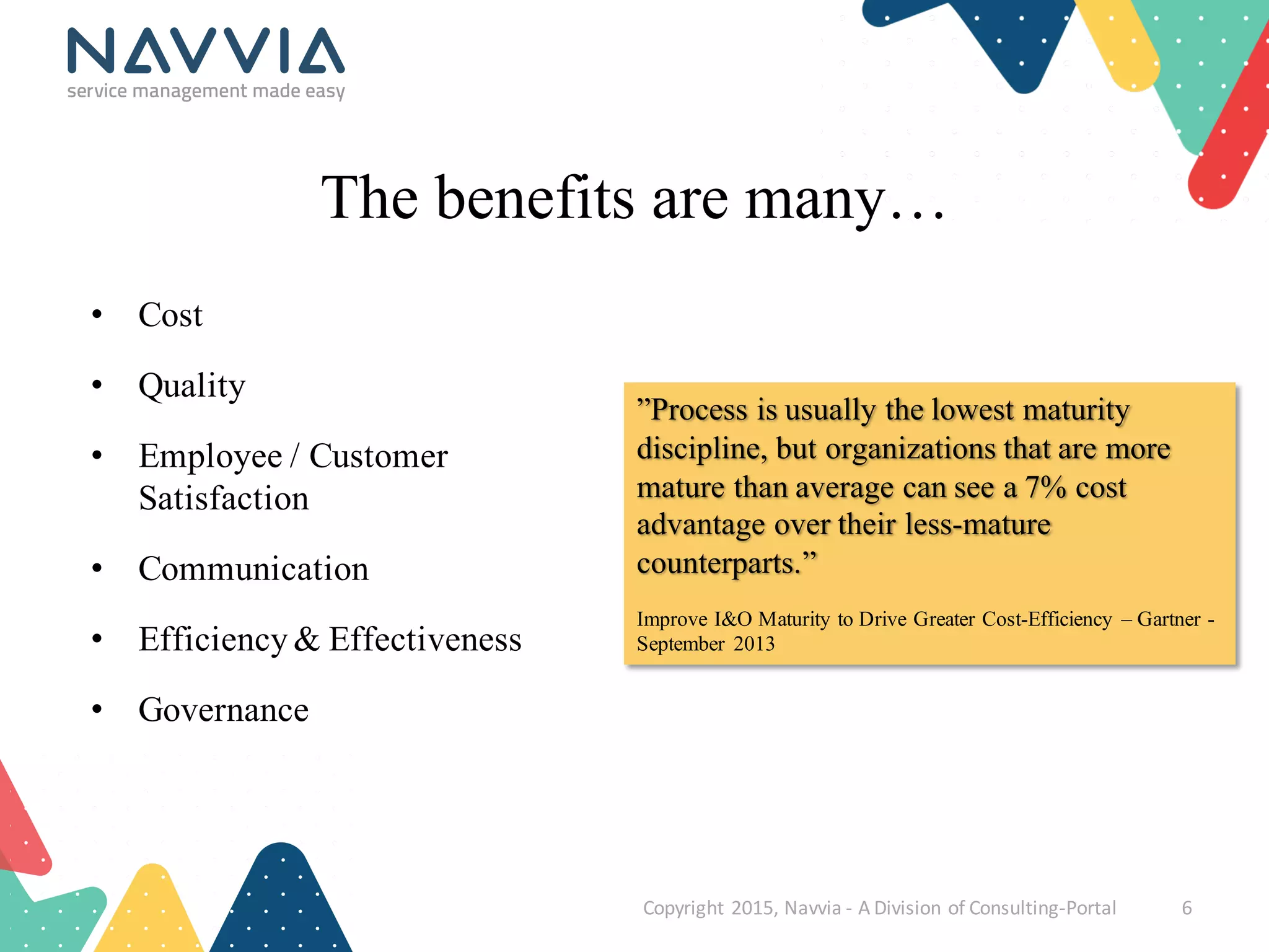 • Cost
• Quality
• Employee / Customer
Satisfaction
• Communication
• Efficiency& Effectiveness
• Governance
Copyright	
  2015,	
  Navvia	
  -­‐ A	
  Division	
  of	
  Consulting-­‐Portal 6
The benefits are many…
”Process is usually the lowest maturity
discipline, but organizations that are more
mature than average can see a 7% cost
advantage over their less-mature
counterparts.”
Improve I&O Maturity to Drive Greater Cost-Efficiency – Gartner -
September 2013
 